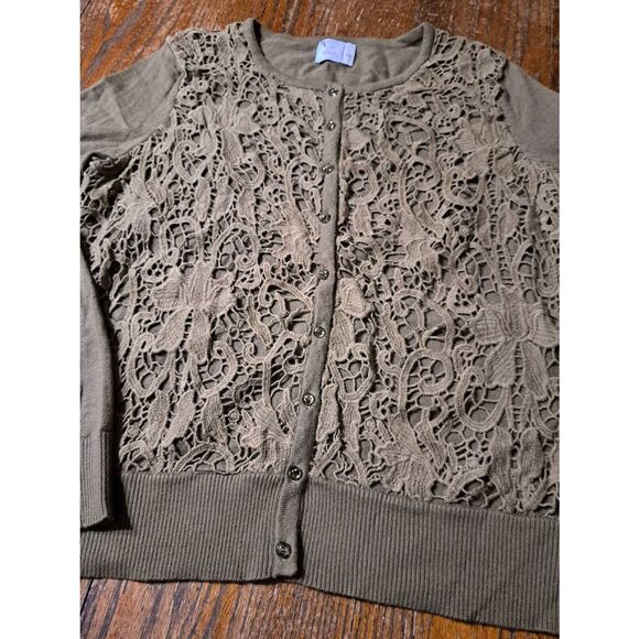 Small J Jill Brown Long Sleeve Button Crochet Lace Front Knit Sweater Cardigan - Picture 2 of 4